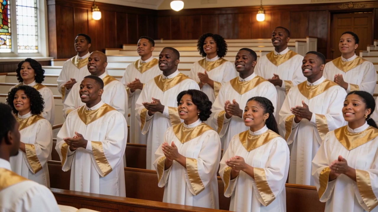 Clapping church choir rising through phrase and singing in sanctuary following conductor