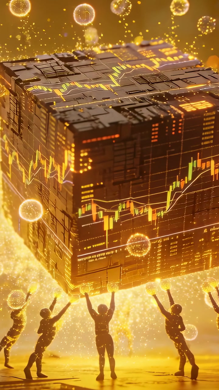 Vertical video: Starting cube descending and rotating at gold floor, team bracing, revealing charts