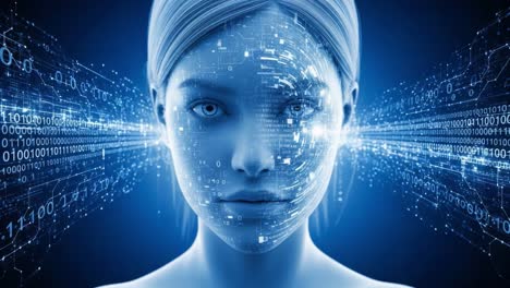 a futuristic portrait of a digital woman with binary code, blending technology and humanity in a stunning visual display of artificial intelligence and data flow