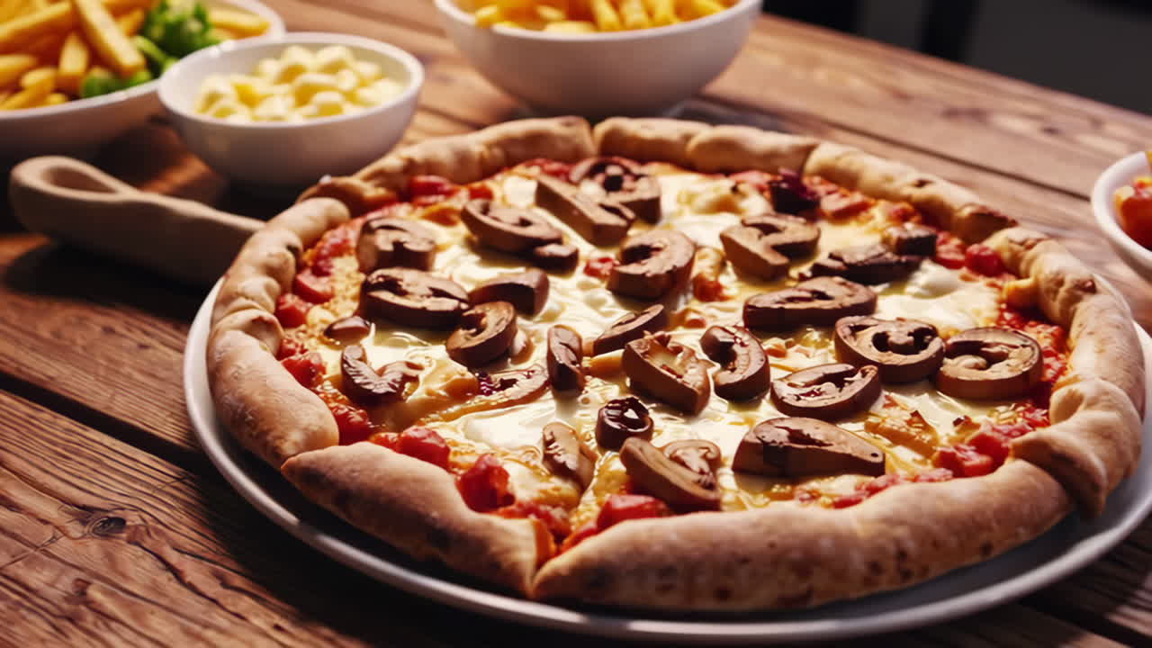 Mushroom Pizza on Wooden Table