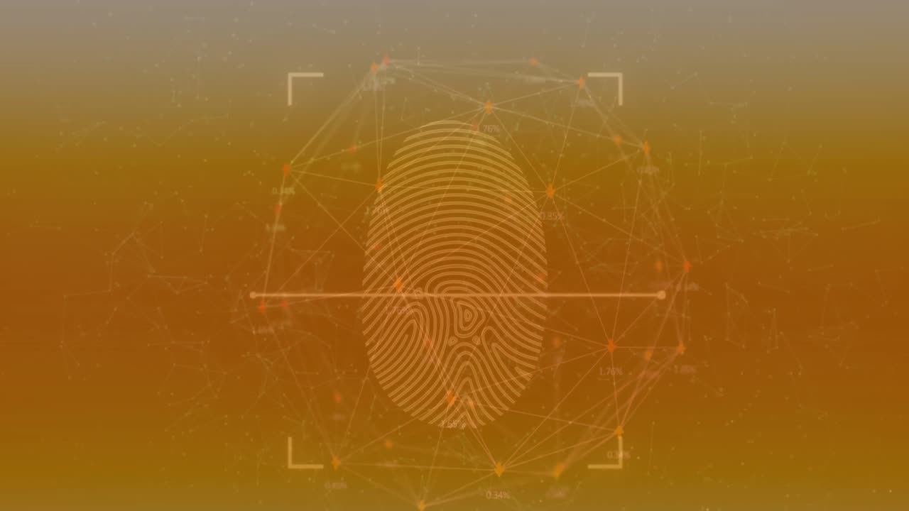 Animation of scanning fingerprint and connected dots globe over connected dots