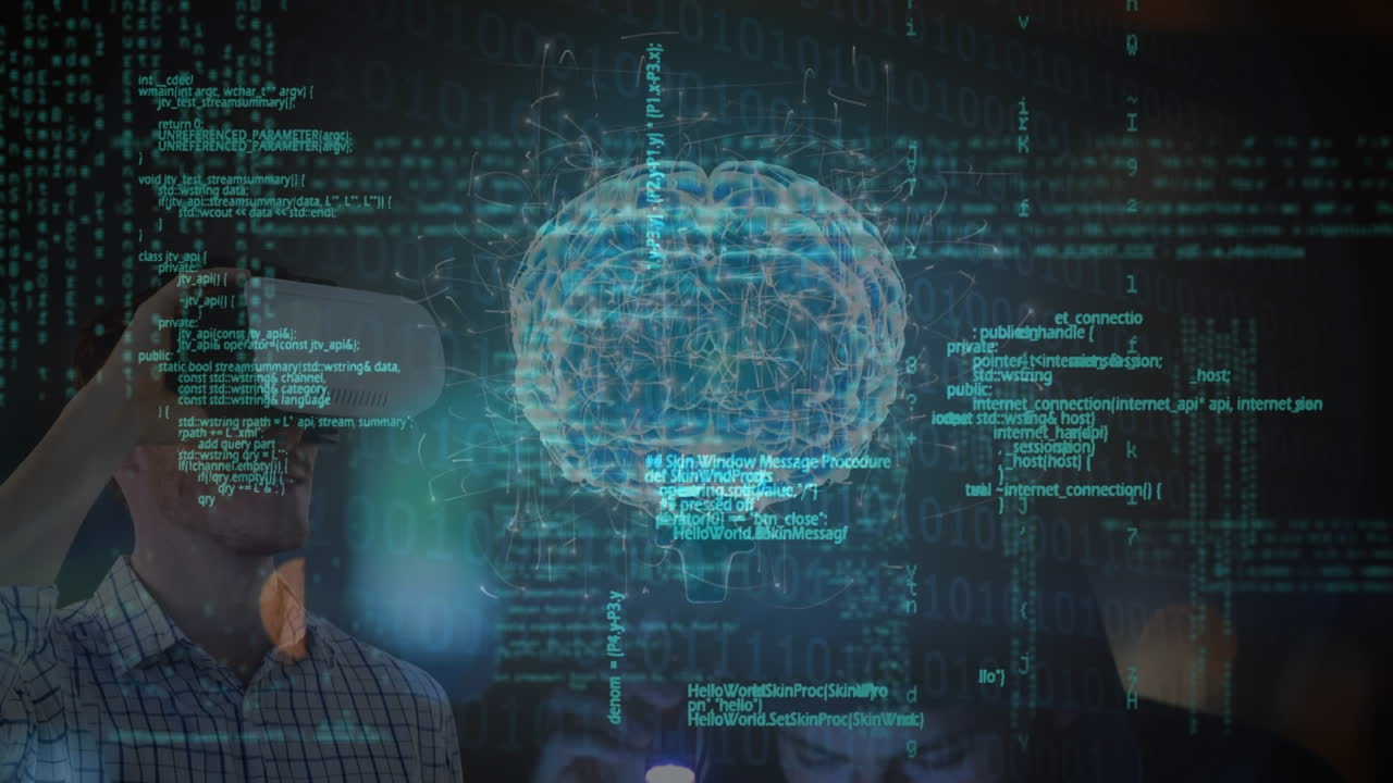 vr 헤드 ⁇ 을 가진 뇌와 백인 남성의 데이터 처리 애니메이션