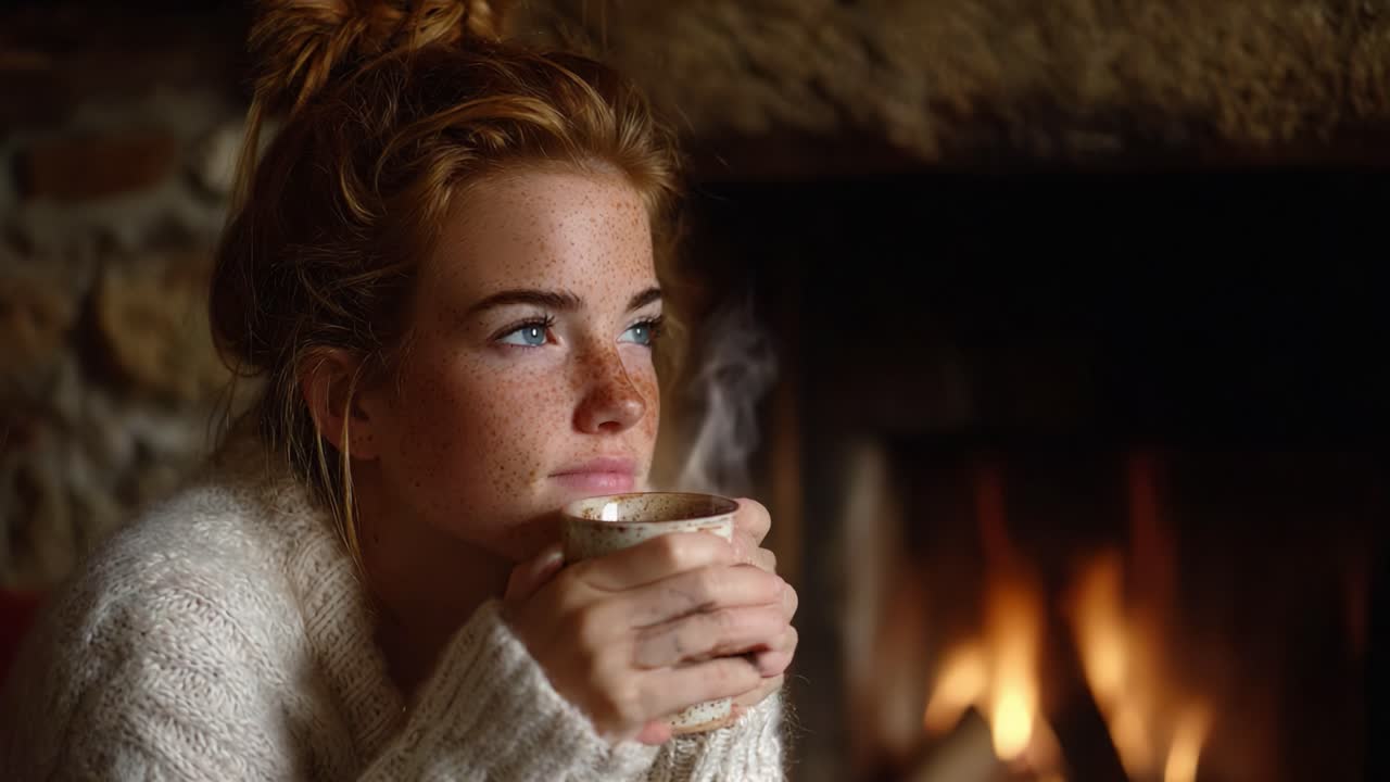 A Quiet Moment of Reflection by the Fireplace: Warm Light Dancing on a Cozy Evening with a Mug of Comfort in Hand