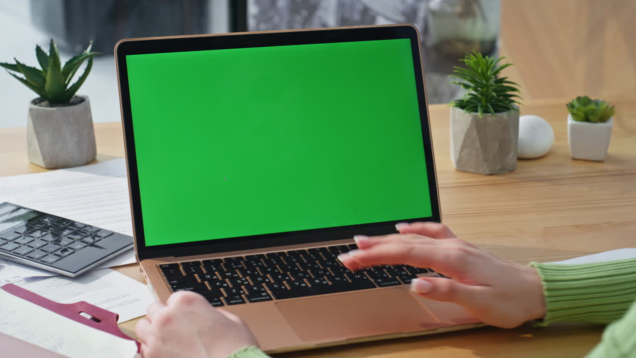 Businesswoman looking mockup computer on office closeup. Lady touching touchpad