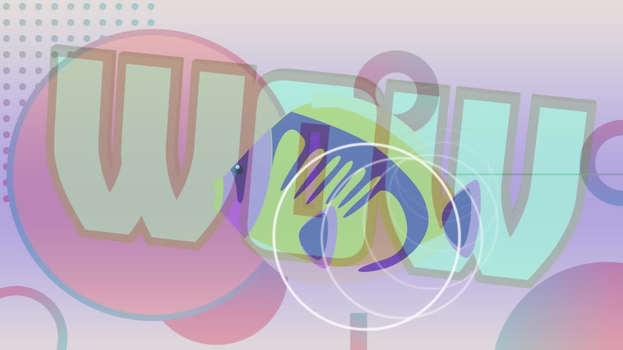 animación de formas que se mueven sobre el texto wow y el icono de pez.