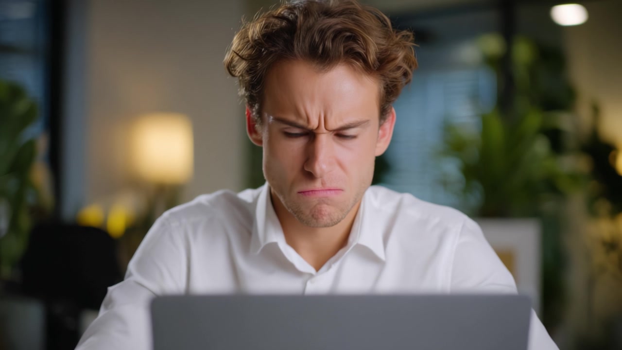 Frustrierter junger Mann im weißen Hemd starrt wütend auf den Laptop-Bildschirm und fängt einen Moment intensiver Emotionen in einer modernen Büroumgebung ein.