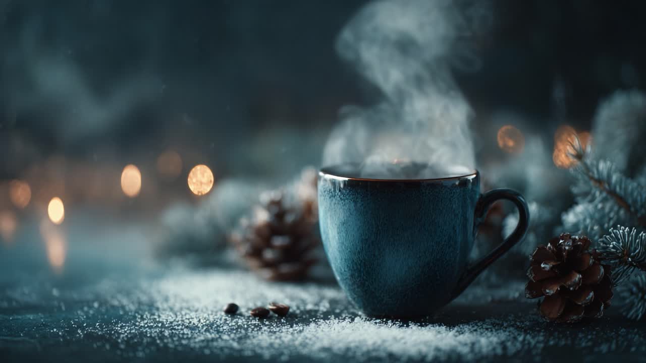A Cozy Scene of Steaming Hot Beverage in a Winter Setting Surrounded by Pinecones and Frosty Accents Capturing the Essence of Warmth and Comfort in the Cold Season