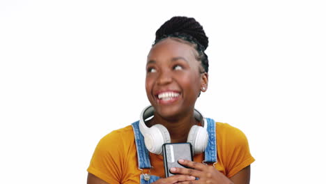 Headphones,-smartphone-and-black-woman-excited