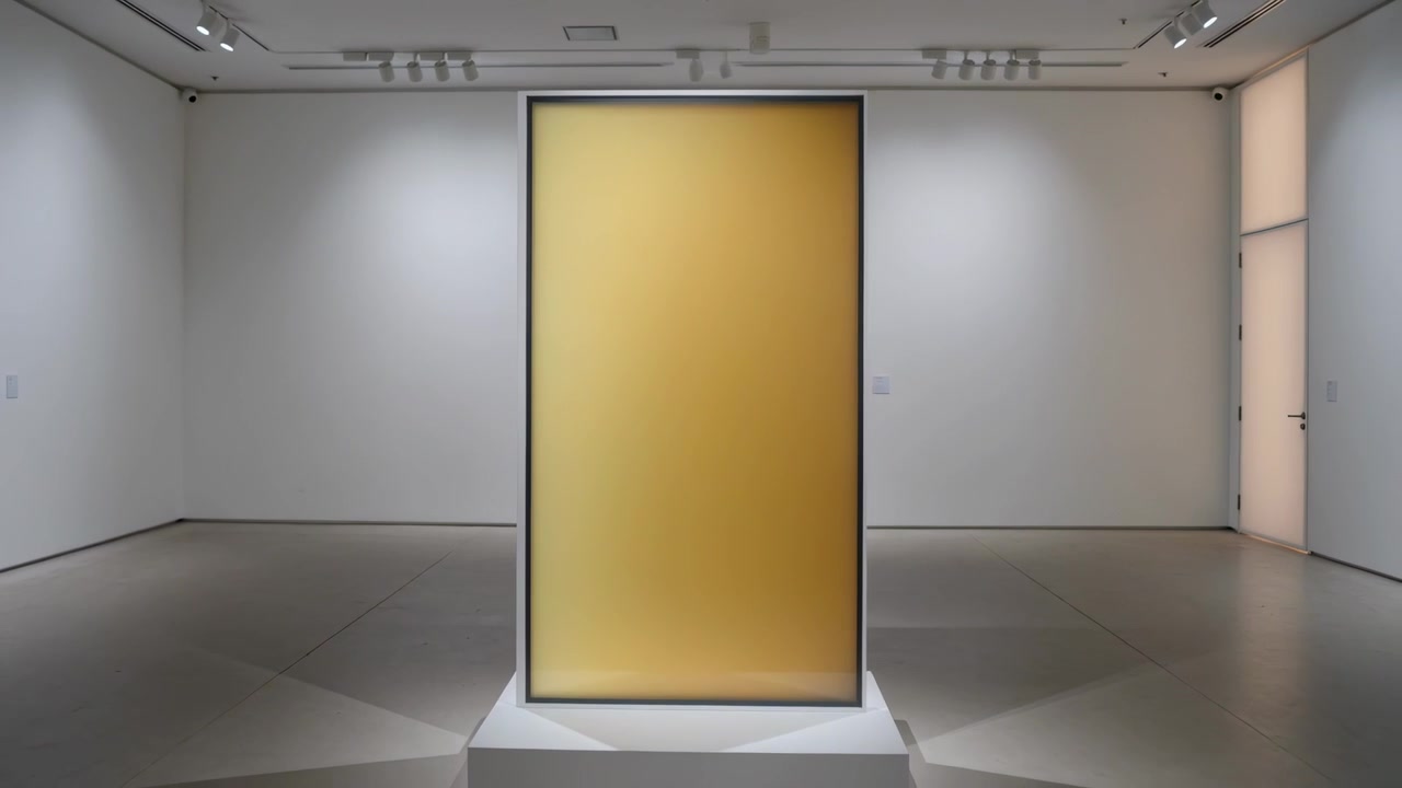 Kamera mundur menunjukkan panel tinggi berlampu latar yang mengubah warna di atas alas di galeri, memperlihatkan bingkai.