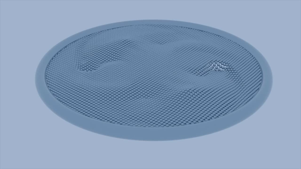 그 안에는 알 수 없는 물질이 있는 추상적인 원 모양의 그림. 디자인. 물결이 있는 작은 사각형의 회전 표면.