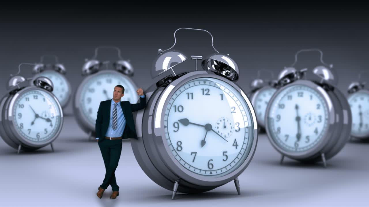 Businessman standing and touching giant clock 