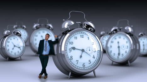 businessman standing and touching giant clock