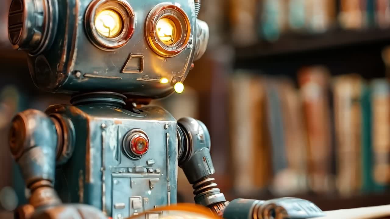 Un robot seduto su un libro davanti a una libreria