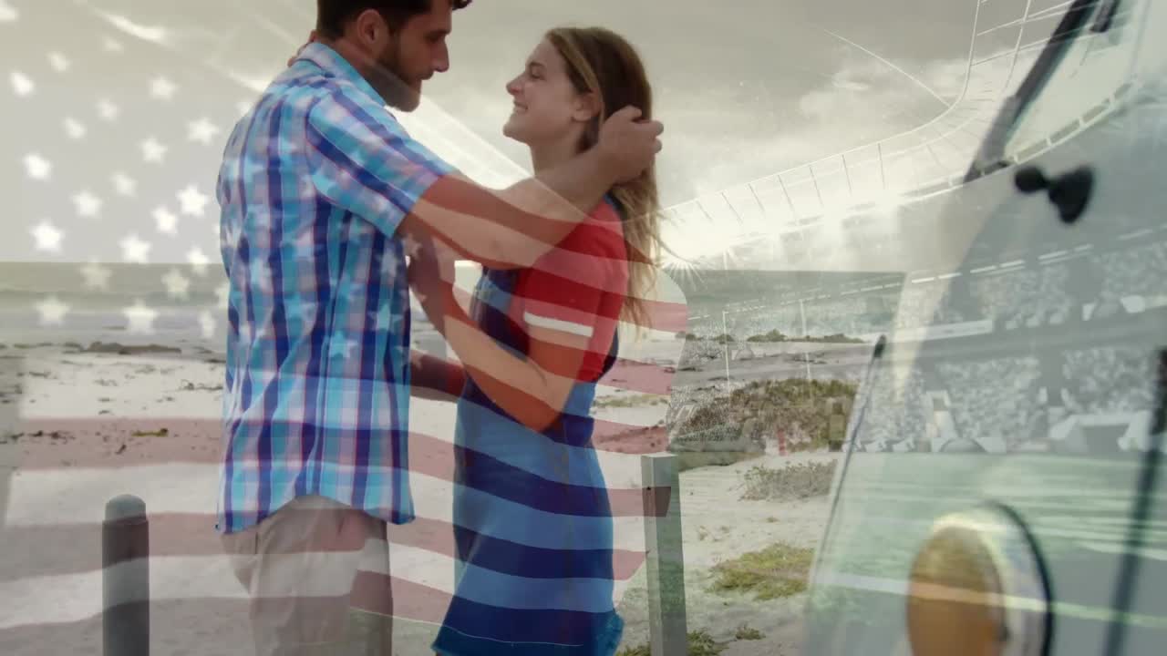 animación de agitar la bandera de los estados unidos sobre una pareja caucásica en la playa