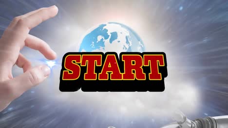 Animation-of-start-text-in-red-letters-over-man's-hand-holding-glowing-spot-and-globe