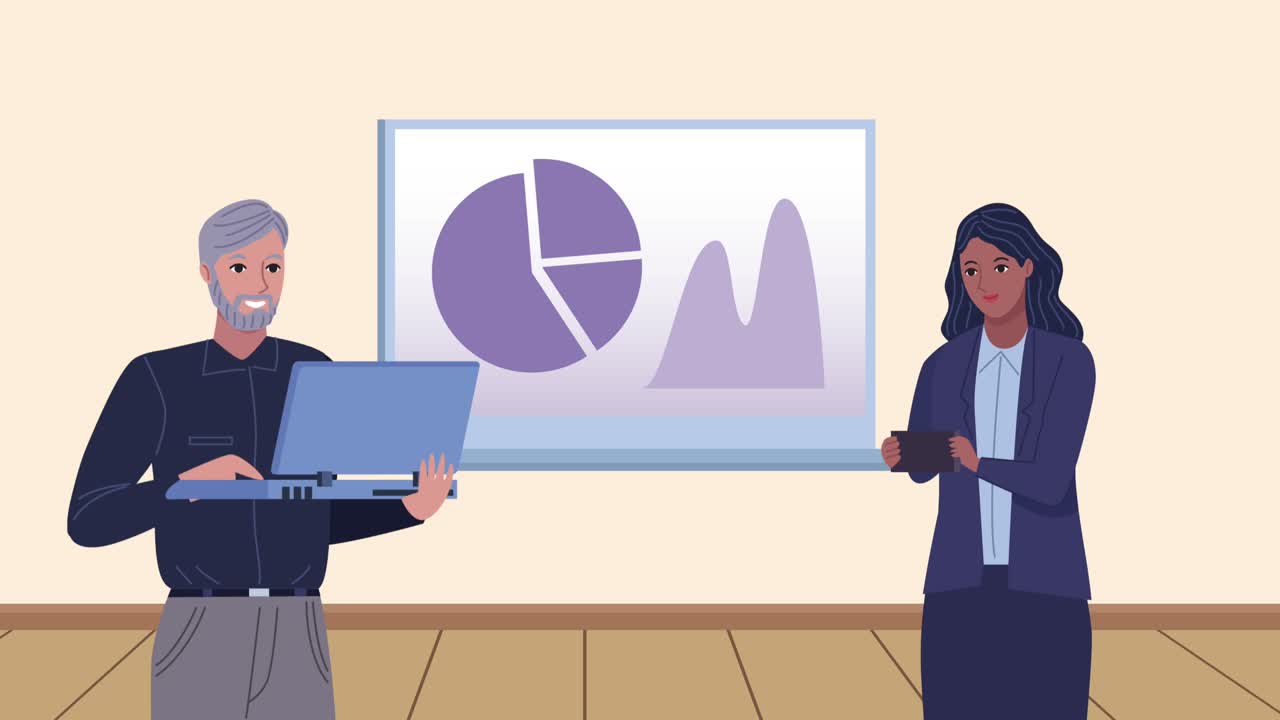 elegant business workers with statistics animation
