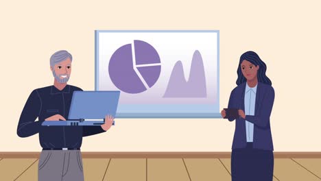 trabajadores de negocios elegantes con animación de estadísticas