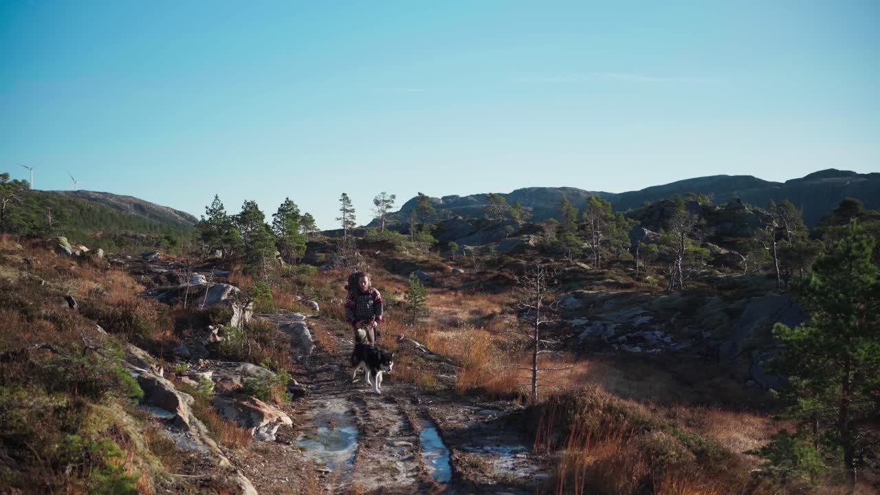 hildremsvatnet, trondelag, noruega - un hombre está caminando con su perro - toma estática