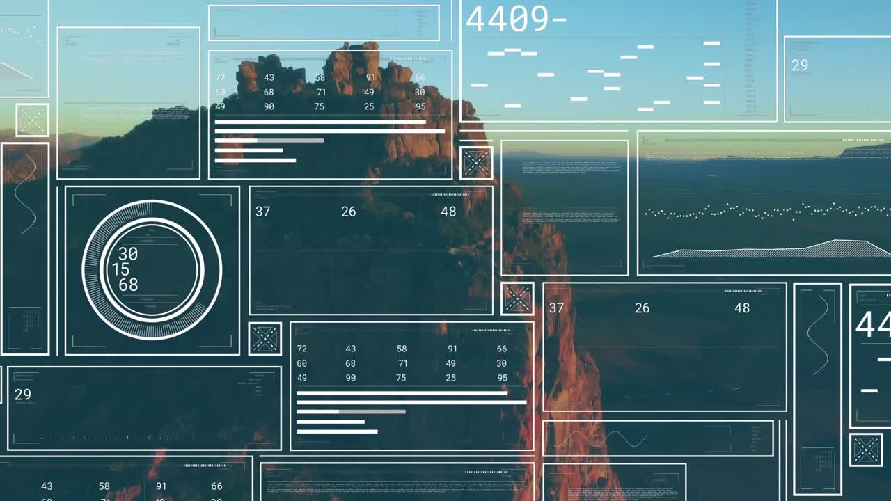HUD activating at start, overlaying aerial view, readouts updating, monitoring outcrop geology