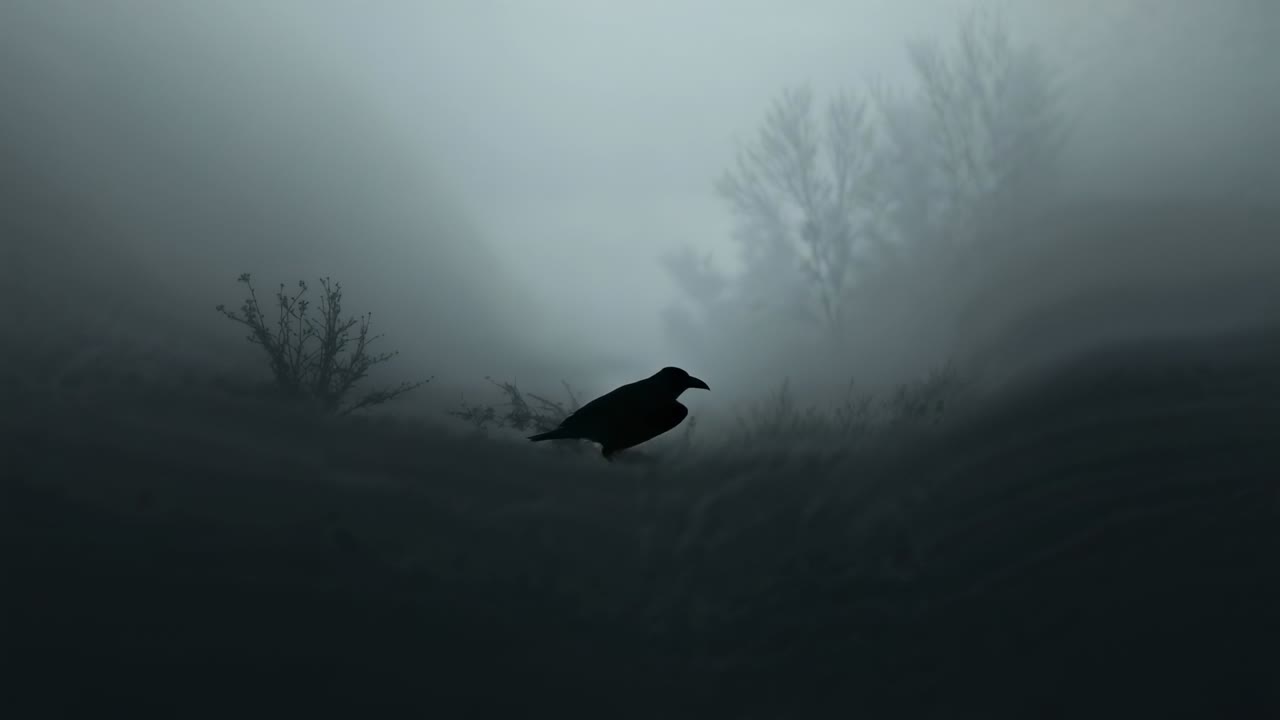 Suddenly spreading wings, crow launching into flight on foggy hillside, with low grasses and shrubs