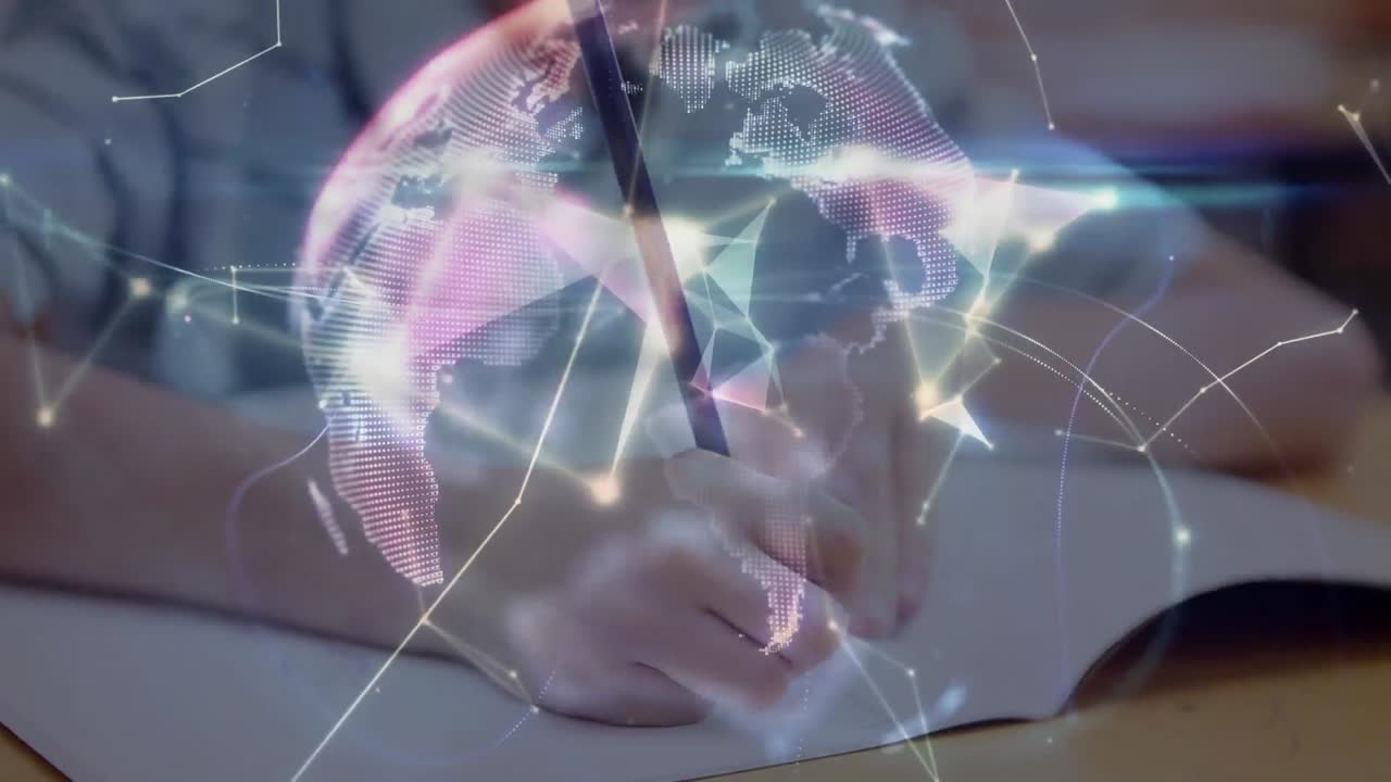 학교 소년의 글쓰기를 통해 연결 네트워크와 함께 지구의 애니메이션