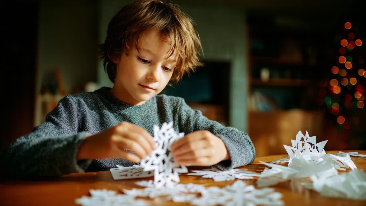 Creative Child Engaged in Making Intricate Paper Snowflakes at a Cozy Table with a Holiday Ambiance in the Background, Showcasing Crafts and Imagination