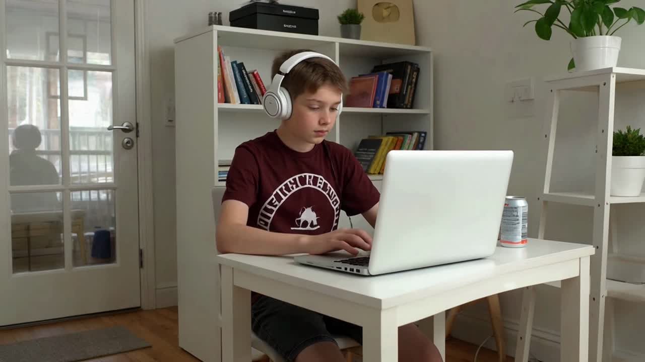 Boy with Headphones Learning Online on Laptop
