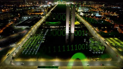 night view of brasilia national congress with binary code overlay