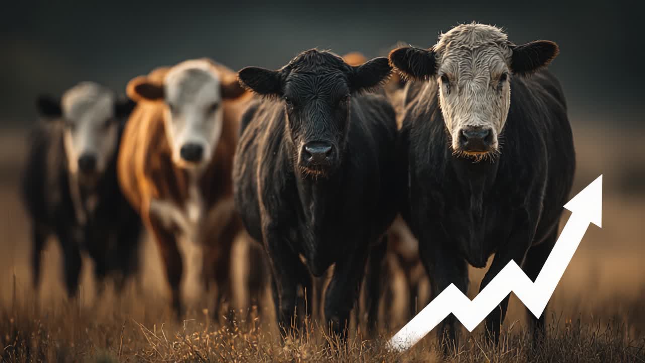 Um rebanho de vacas exibindo uma tendência crescente, simbolizando o aumento na gestão pecuária e produtividade agrícola, em um cenário rural tranquilo