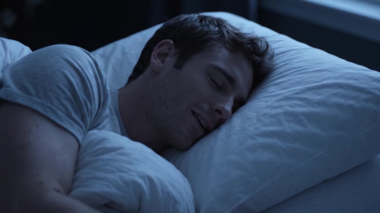 Un Sonno Pacifico: Catturare la Calma di un Giovane Uomo in Sonno Profondo, Illuminato da una Soffusa Luce Notturna in un Accogliente Ambiente da Camera da Letto