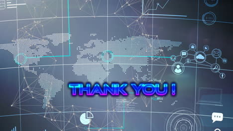 animación de texto de agradecimiento a través de la red de conexiones y el mapa del mundo