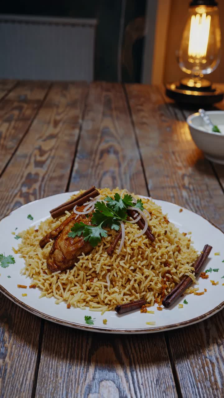 Warm, rustic video of spiced rice with chicken, captured from a low angle on a wooden table