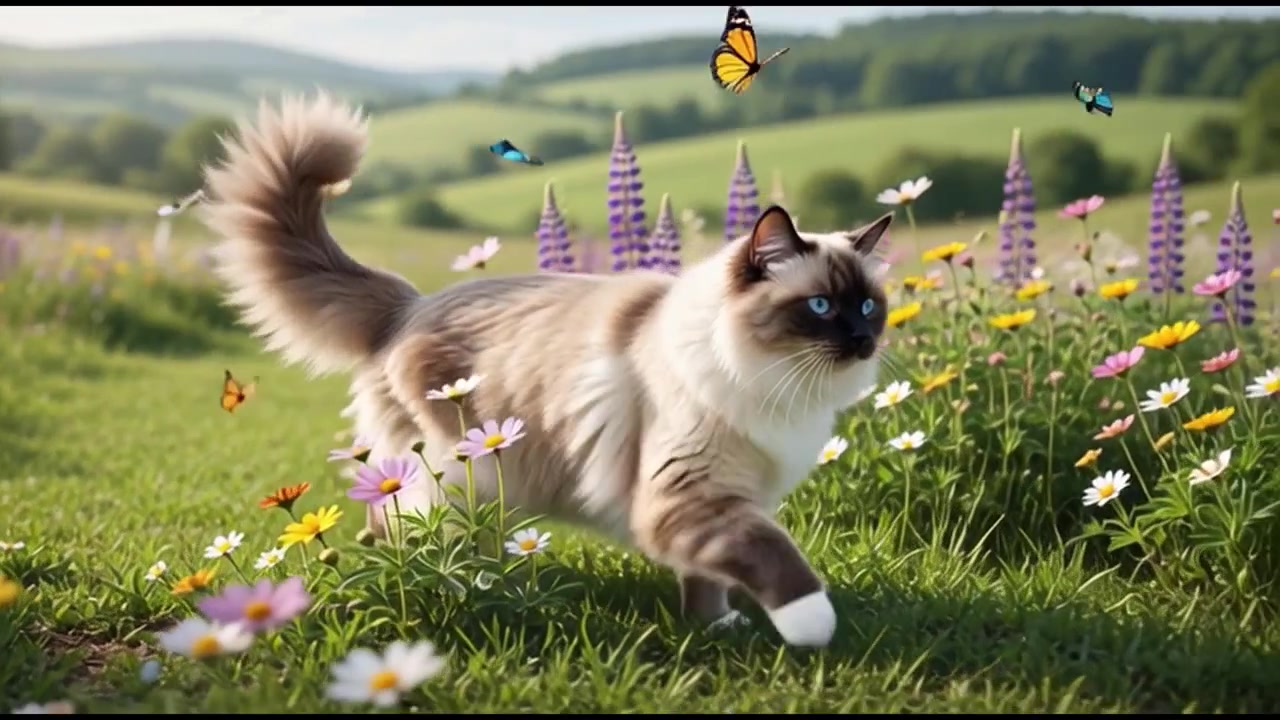 Kucing Ragdoll Berjalan Melintasi Padang Rumput Cerah dengan Kupu-kupu