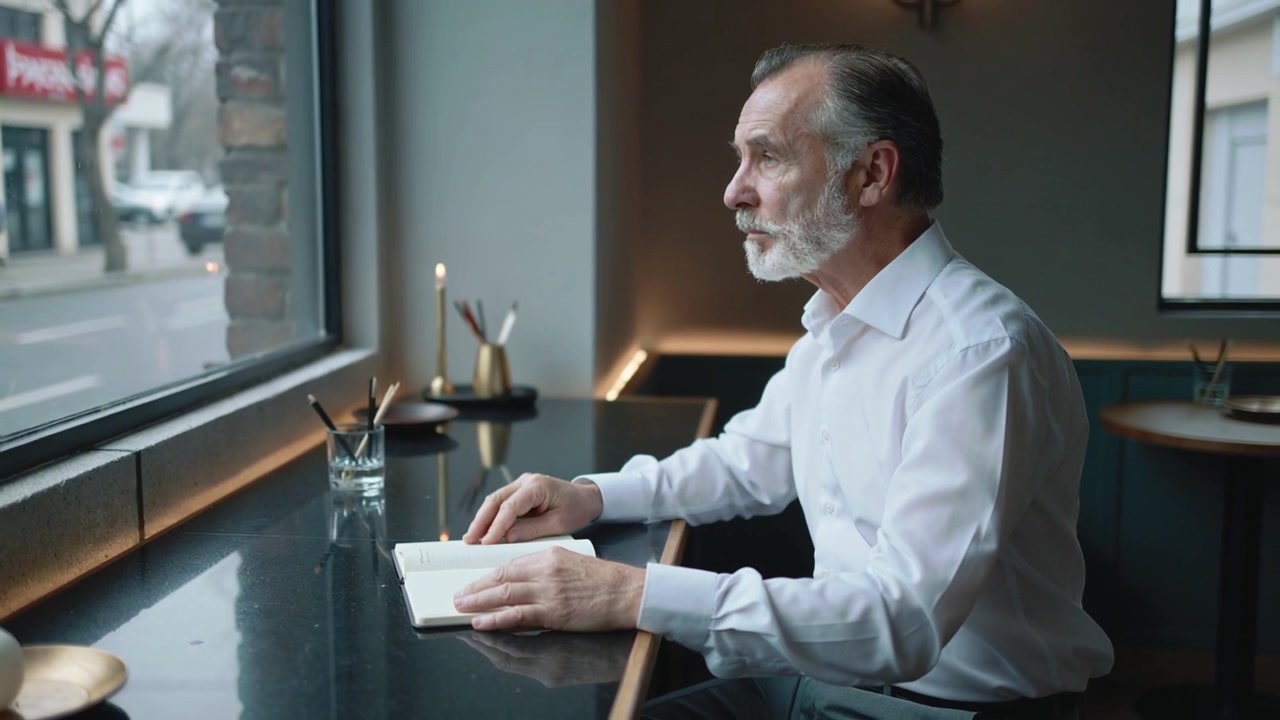 Opening hardback notebook senior man white shirt turning pages at cafe counter reflecting