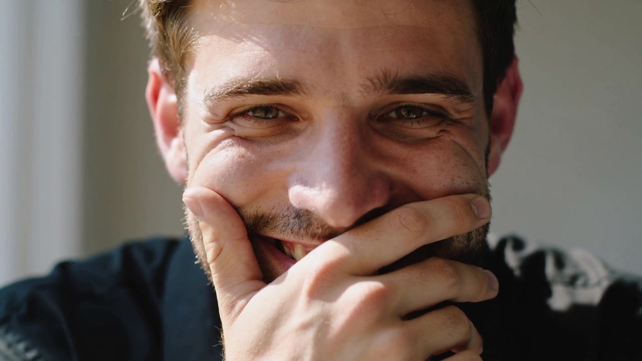 Uomo sorridente, in maglietta nera, che sente una battuta fuori campo, si copre la bocca e allarga il sorriso nella stanza.