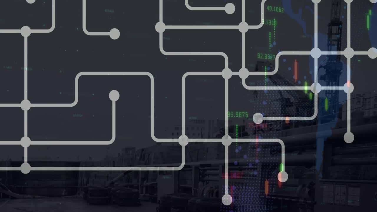 animación del procesamiento de datos sobre formas y puertos