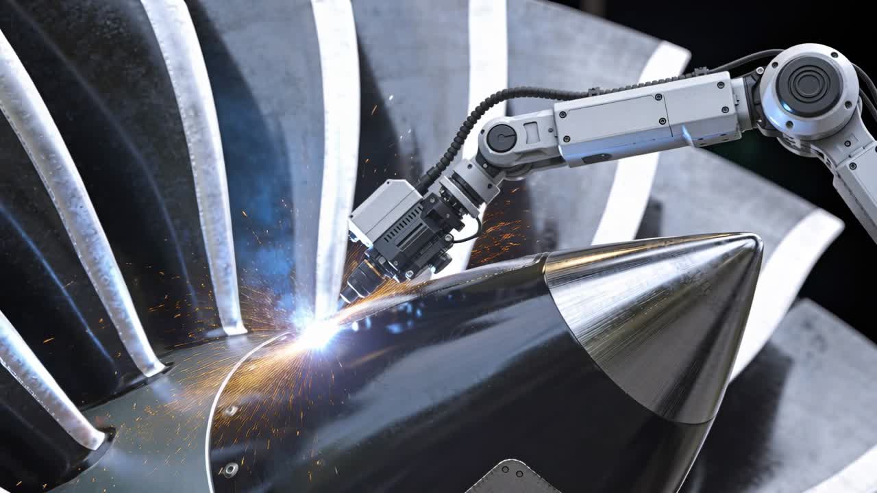 Ricevendo un segnale, un braccio robotico accende una torcia, saldando il mozzo di un rotore per la riparazione in un hangar, con scintille che volano.