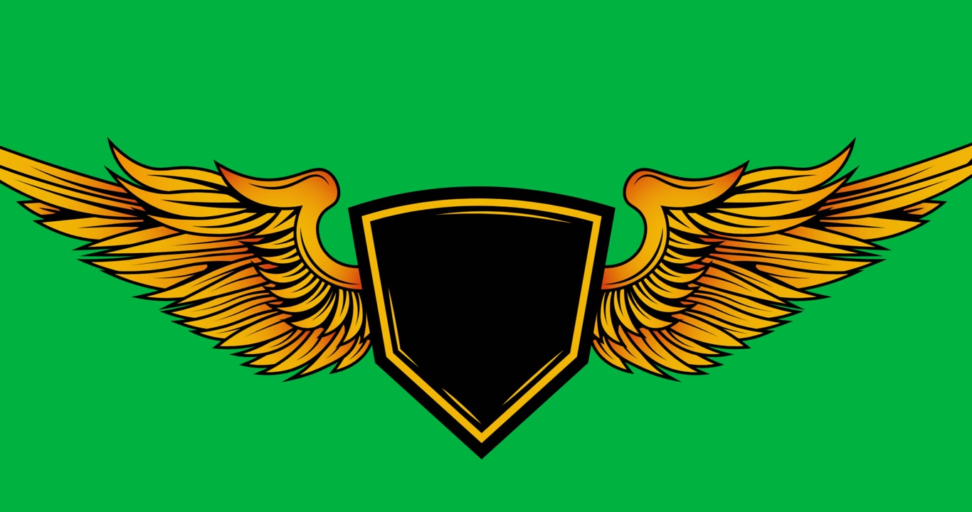 Animazione digitale di un elemento di design del logo giallo con ali e spazio per il testo su sfondo nero.