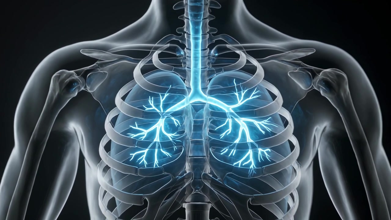 Trachea che illumina i bronchi mentre un torso traslucido ruota in studio, mostrando la gabbia toracica per mappare le vie aeree.