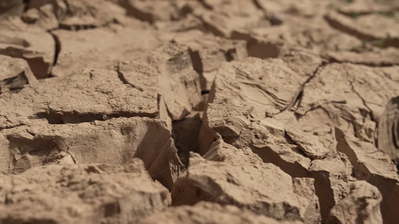 Macro detail of brittle soil plates curling under intense heat, a clear climate signal for agriculture