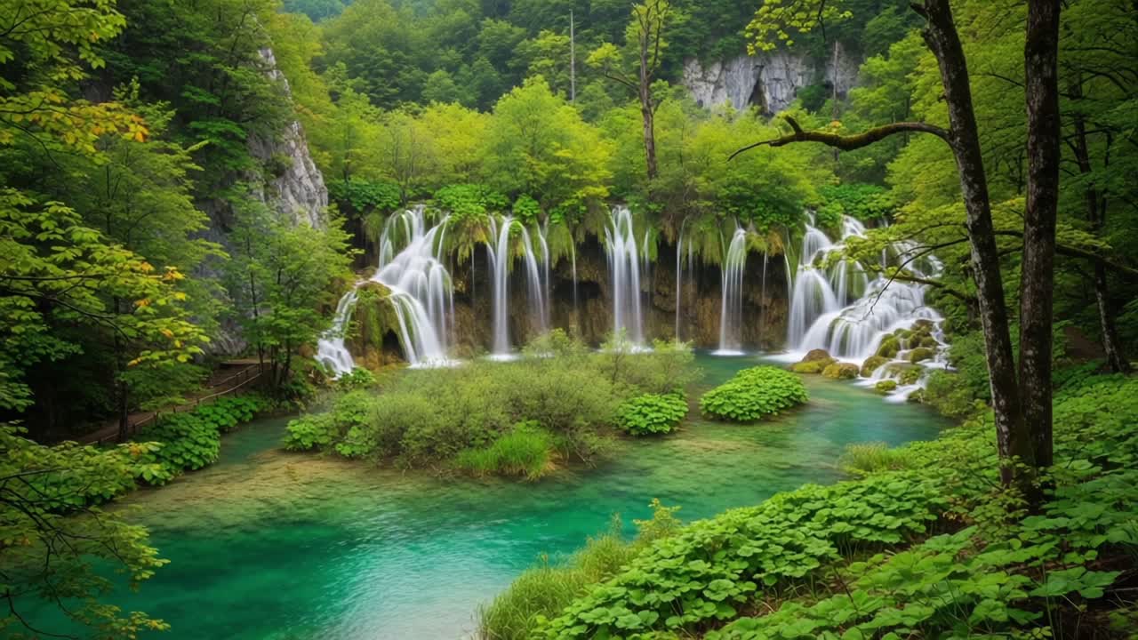 A Serene Escape into Nature: Captivating Waterfalls Cascading into a Tranquil Pool Surrounded by Vibrant Greenery and Lush Flora, Inviting Reflection and Relaxation