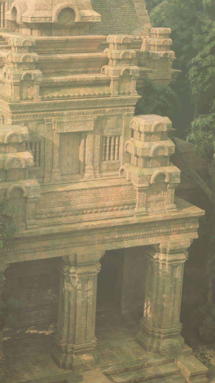 Ancient stone temple shrouded in mist showcases forgotten architectural beauty