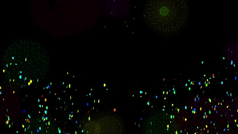 animación de confeti sobre formas y fuegos artificiales en fondo negro