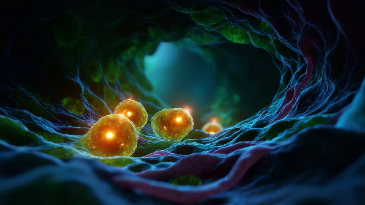 Vista complessa all'interno di un ambiente microscopico che mette in evidenza cellule vivaci impegnate in processi biologici all'interno di una struttura a membrana curva