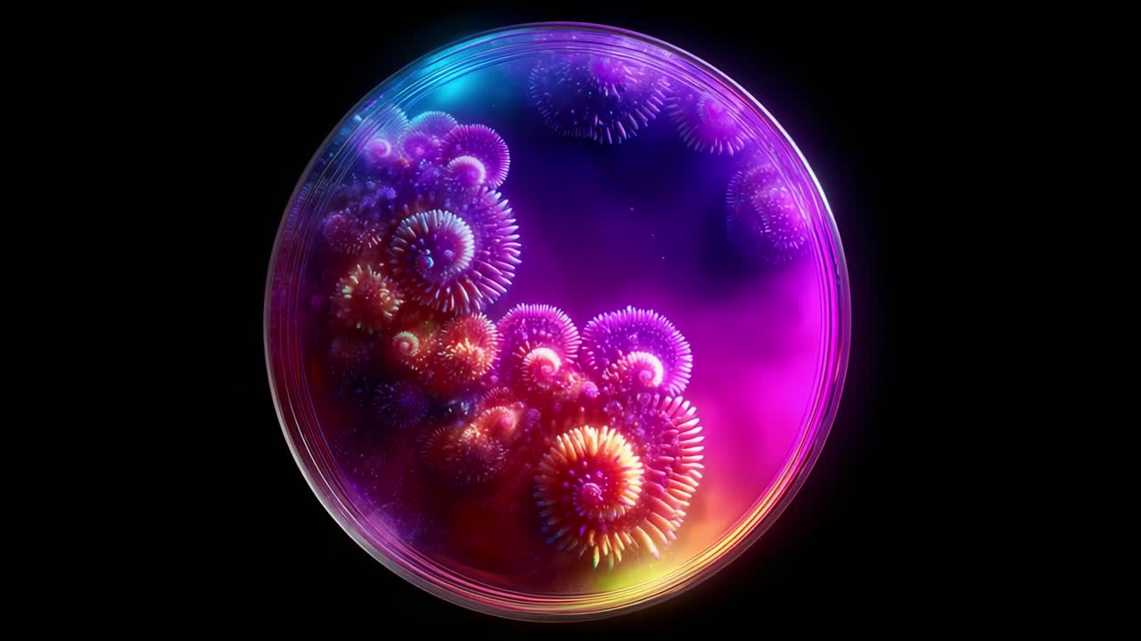 An Enchanting Close-Up of Vibrantly Colored Microscopic Structures Emulating a Fantasy World, Capturing the Essence of Intricate Patterns and Lively Shapes Within a Sphere