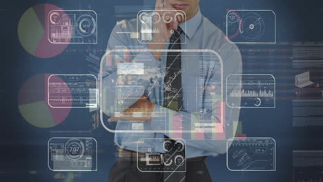 Animation of businessman using interface with statistics and data processing