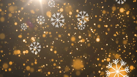 animación de copos de nieve y luces doradas cayendo sobre un fondo marrón
