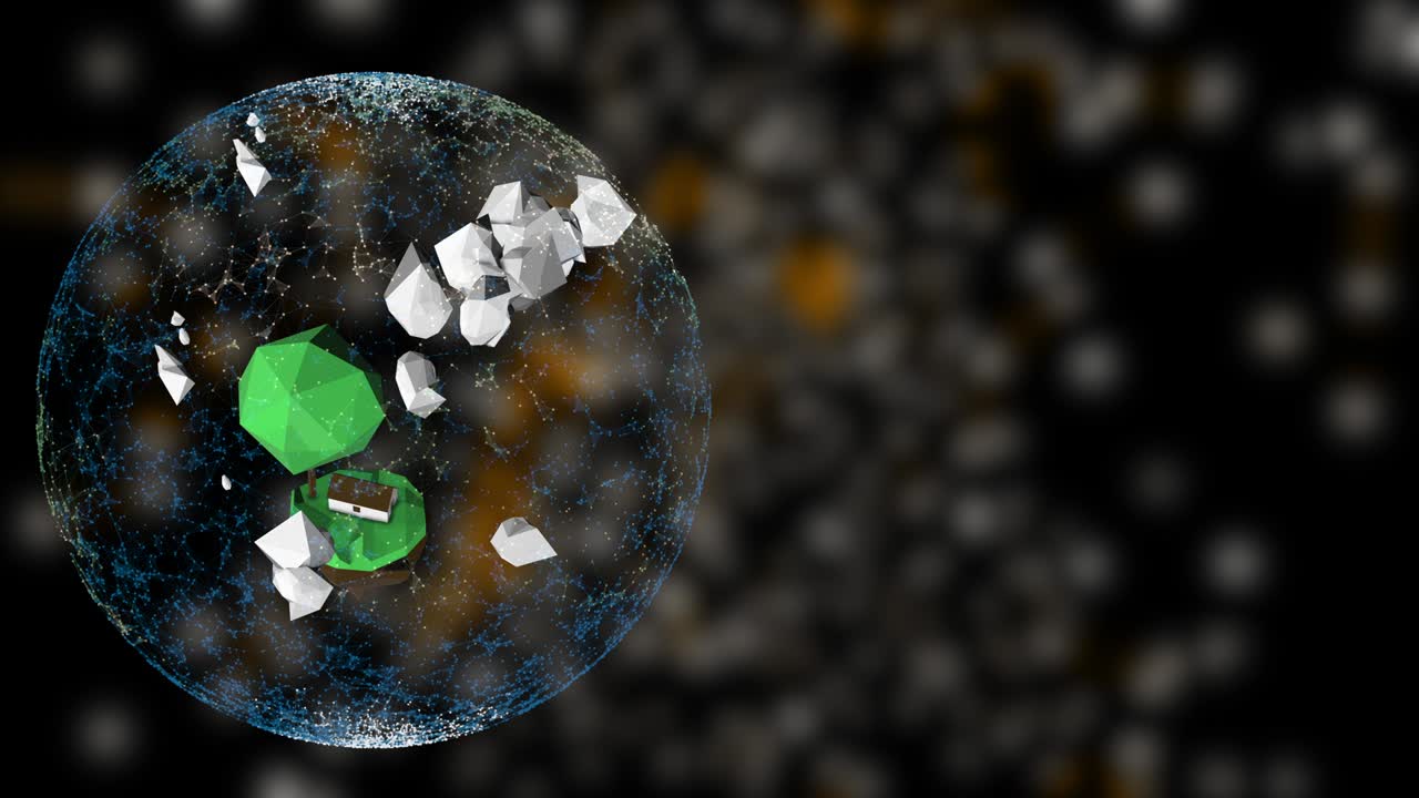 환경 보호 개념: 위험으로 가득 찬 공간에서 투명한 보호 구 안에서 회전하는 작은 섬의 만화 애니메이션.