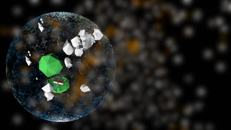 concepto de cuidado del medio ambiente. animación de dibujos animados de una pequeña isla girando dentro de una esfera de protección transparente en un espacio lleno de peligro.