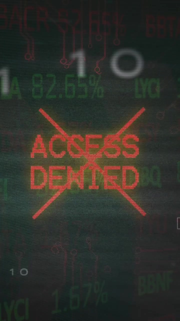 Animation of access denied text, x symbol, binary codes, circuit board texture over trading board